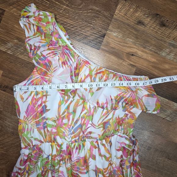 One Shoulder Maxi Dress M Tropical Summer Resortwear Belt Chiffon Wedding Guest - Picture 9 of 12